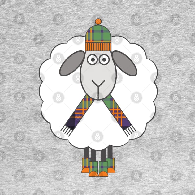 Cosy Winter Sheep with Orange, Green and Purple Tartan Hat, Scarf and Boots by MacPean